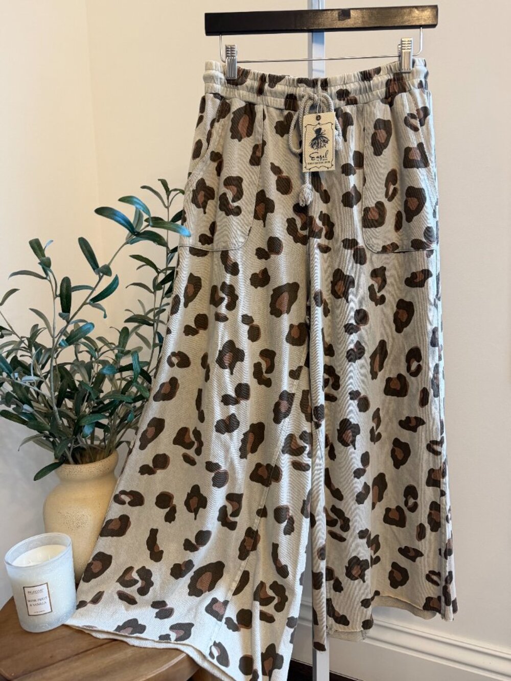 EASEL ANIMAL PRINT MINERAL WASHED TERRY KNIT PANTS 100% COTTON